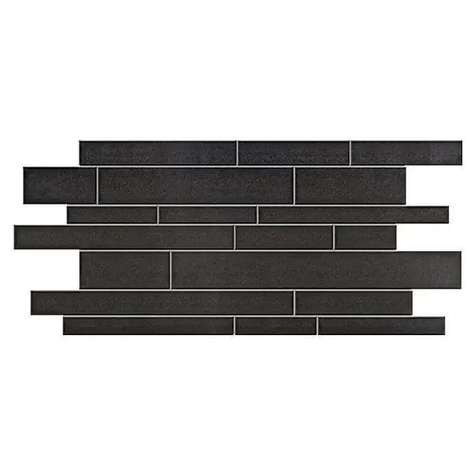 Ambiente by Palazzo Mosaikfliese Brick - 30 x 60 cm, Schwarz, Matt - Detailaufnahme einer schwarzen Mosaikfliese in einem versetzten, linearen Muster, ideal für moderne Wandgestaltungen und stilvolle Raumakzente.