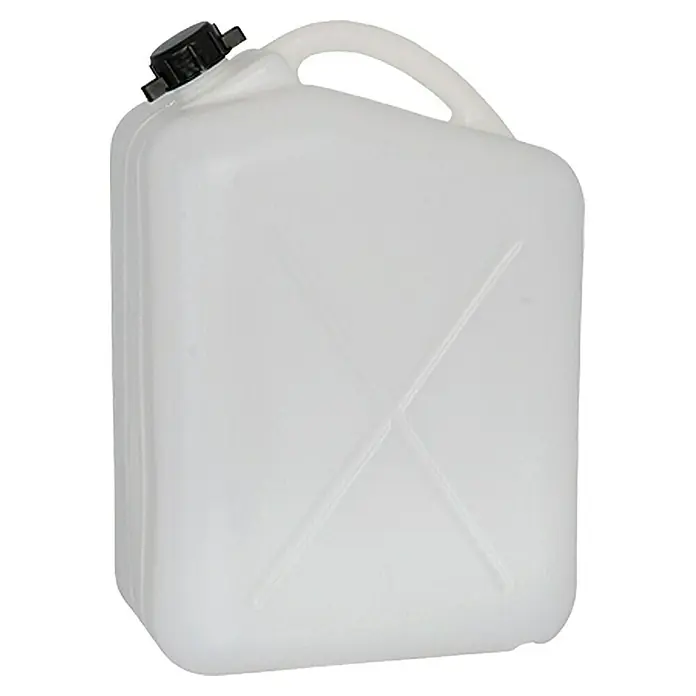 Geli Wasserkanister - 20 l - Weißer, rechteckiger Kanister aus Kunststoff mit Tragegriff und schwarzem Verschlussdeckel, ideal für Flüssigkeiten.