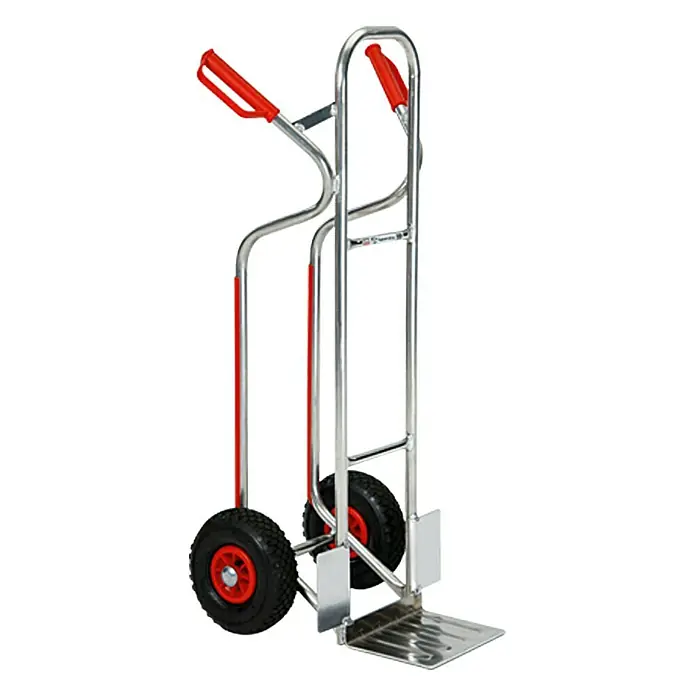 Stapelkarre TK-ALU 200Aluminium, Tragkraft: 200 kg - Eine klappbare, silberfarbene Sackkarre mit roten Griffen und Rädern, ideal für den Transport schwerer Gegenstände.