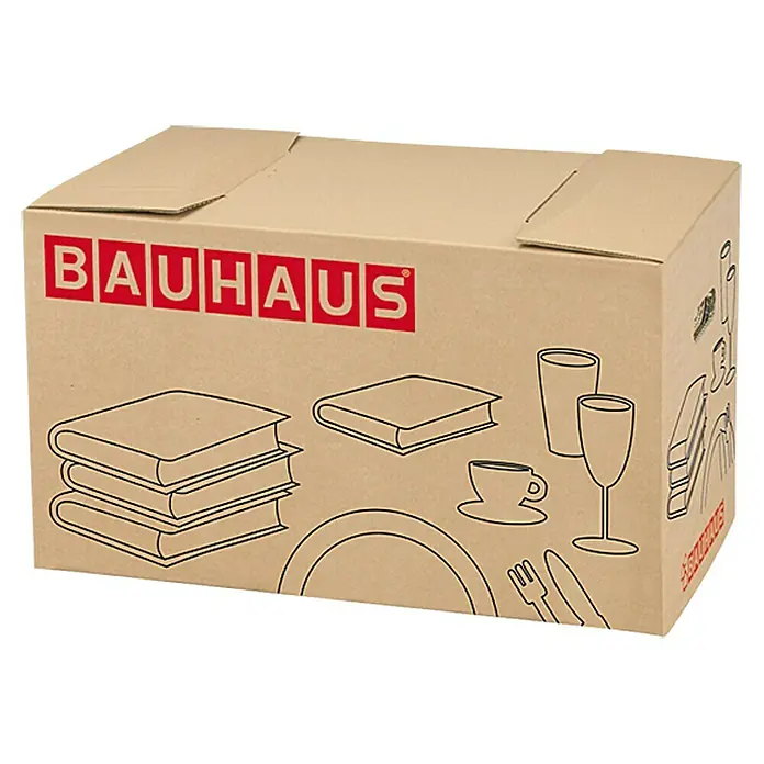 BAUHAUS Umzugskarton - Traglast: 40 kg, 58 x 33 x 33,5 cm - Abgebildet ist ein Umzugskarton mit dem Aufdruck "BAUHAUS" und Illustrationen von Büchern, Geschirr und Besteck.
