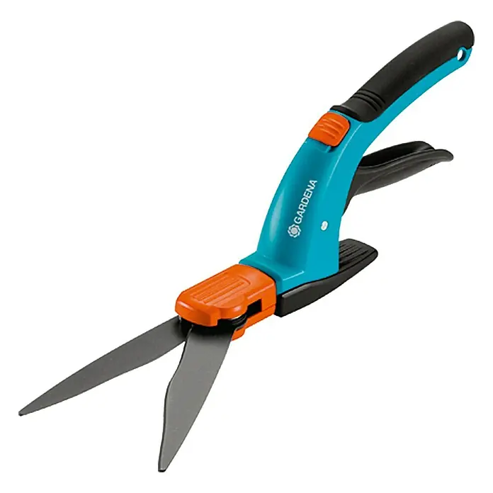 Gardena Comfort Grasschere - Material Klinge: Geschliffene Schneide, Antihaftbeschichtet, Drehbar - Gartenschere von Gardena in Türkis und Schwarz mit orangefarbenen Akzenten, ideal für präzise Schnitte im Garten.