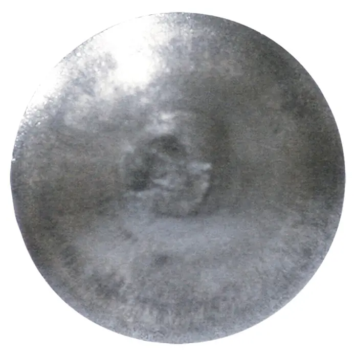 Profi Depot Schlossschraube - 80 mm, M 8, Edelstahl, 25 Stk. - Nahaufnahme eines runden silbernen Metallplättchens mit einer unebenen Oberfläche und Lichtreflexionen.