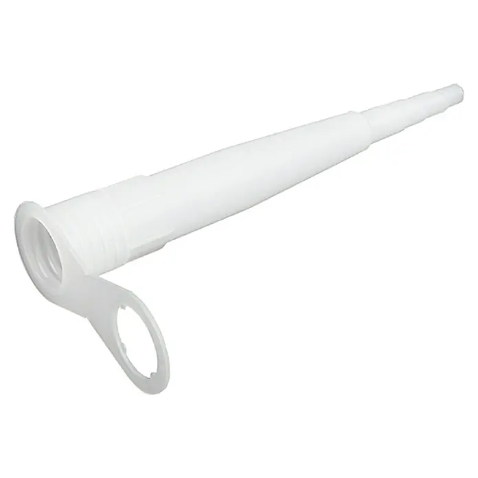 Probau Kartuschenspitzen - 5 Stk. - Eine weiße, gebogene Silikonkartuschen-Düse mit abgewinkelter Spitze und seitlicher Öse für einfaches Anbringen und präzises Auftragen.