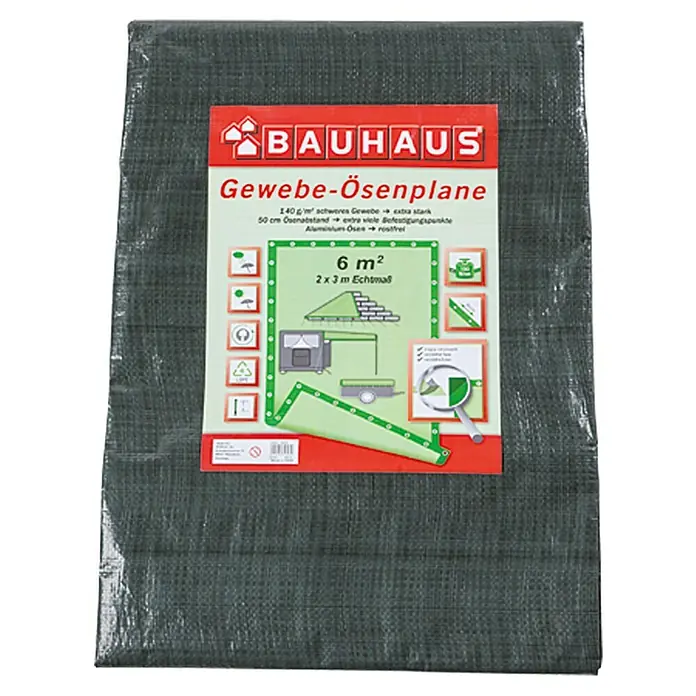 BAUHAUS Gewebe-Ösenplane - 3 x 2 m, 140 g/m², Kunststoff - Das Bild zeigt eine grüne Gewebe-Ösenplane von Bauhaus mit den Maßen 2x3 m (6 m²), ideal zum Abdecken und Schützen.