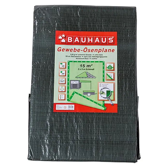 BAUHAUS Gewebe-Ösenplane - 5 x 3 m, 140 g/m², Kunststoff - Das Bild zeigt eine dunkelgrüne Gewebe-Ösenplane von Bauhaus mit den Maßen 3x5 Metern und einer Fläche von 15 m².