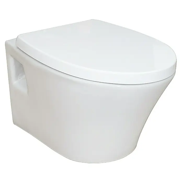 Camargue Rio Wand-WC - Spülrandlos, Ohne Spezialglasur, Spülform: Tief, WC Abgang: Waagerecht, Weiß - Nahaufnahme einer weißen, wandmontierten Toilette mit geschlossenem Deckel.