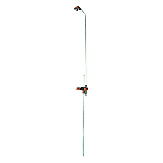 Gardena Gartendusche Duo - Erdspieß, Höhe: 207 cm, Aluminium/Kunststoff - Ein Gartenregner mit einem langen, silbernen Stiel und einem roten Sprühkopf. Ideal zur Bewässerung von Rasenflächen.