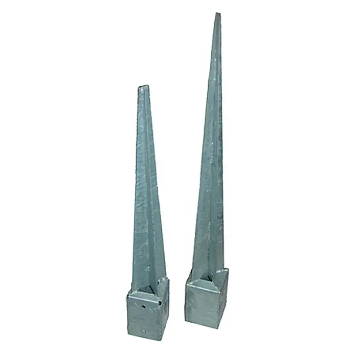 Einschlagbodenhülse - 91 x 91 x 900 mm - Zwei verzinkte Pfostenträger für den Bau von Zäunen oder anderen Strukturen im Außenbereich. Die spitze Form erleichtert das Einschlagen in den Boden.