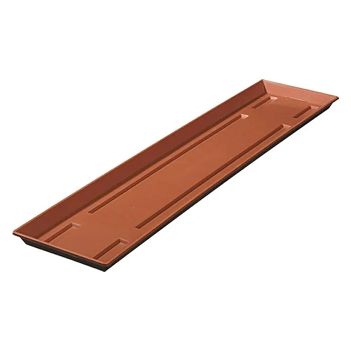 Geli Balkonkasten-Untersetzer - Länge: 80 cm, Terracotta - Rechteckige, terrakottafarbene Pflanzschale aus Kunststoff mit erhabenen Rändern und dekorativen rechteckigen Akzenten für Zimmerpflanzen.