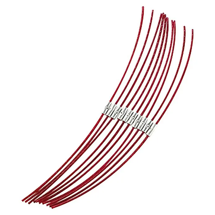 Bosch Trimmerfaden - Länge: 26 cm, 10 Stk., Passend für: Bosch Rasentrimmer Combitrim - Hier sind ein paar rote Drahtzündschnüre, die mit silbernen Metallhülsen zusammengehalten werden, die für eine kontrollierte Zündung von Feuerwerkskörpern verwendet werden.