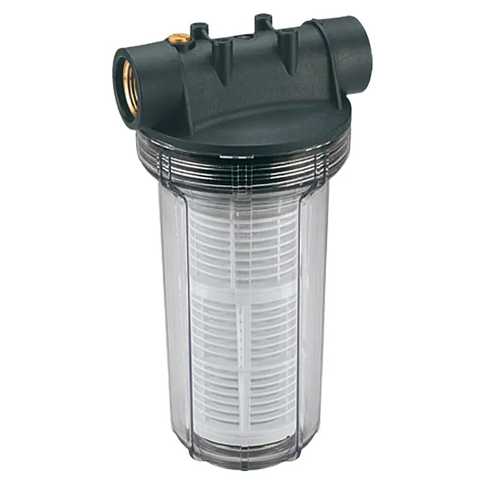 Neptun Hauswasserwerk-Vorfilter - Anschlüsse: R1 IG, 1″ - Wasserfilter mit transparentem Gehäuse und schwarzem Deckel. Ideal für sauberes Trinkwasser im Haus.