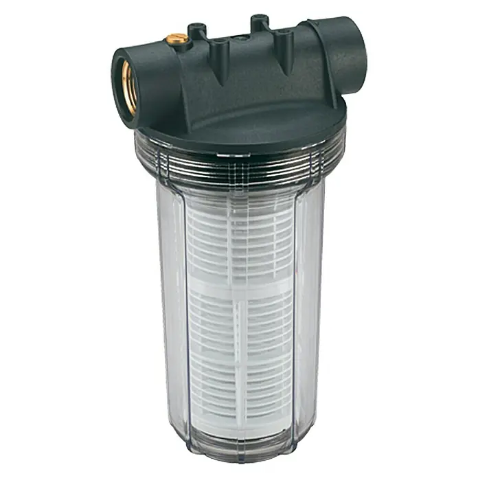 Neptun Hauswasserwerk-VorfilterAnschlüsse: R1 IG, 1″ - Wasserfilter mit transparentem Gehäuse und schwarzem Deckel. Ideal für sauberes Trinkwasser im Haus.