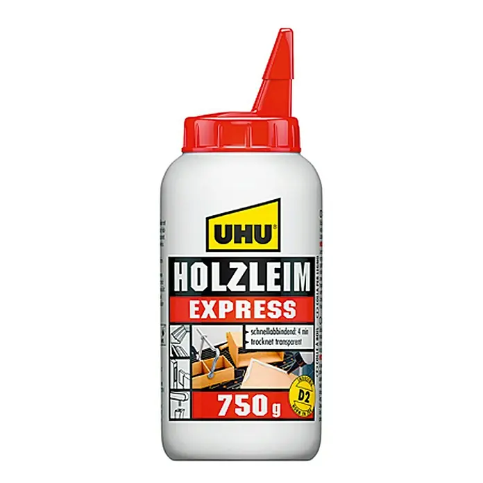 UHU Holzleim Express - 750 g, Lösemittelfrei - Bild einer 750g Flasche UHU Holzleim Express, ein schnellbindender und transparenter Holzleim für diverse Holzarbeiten.