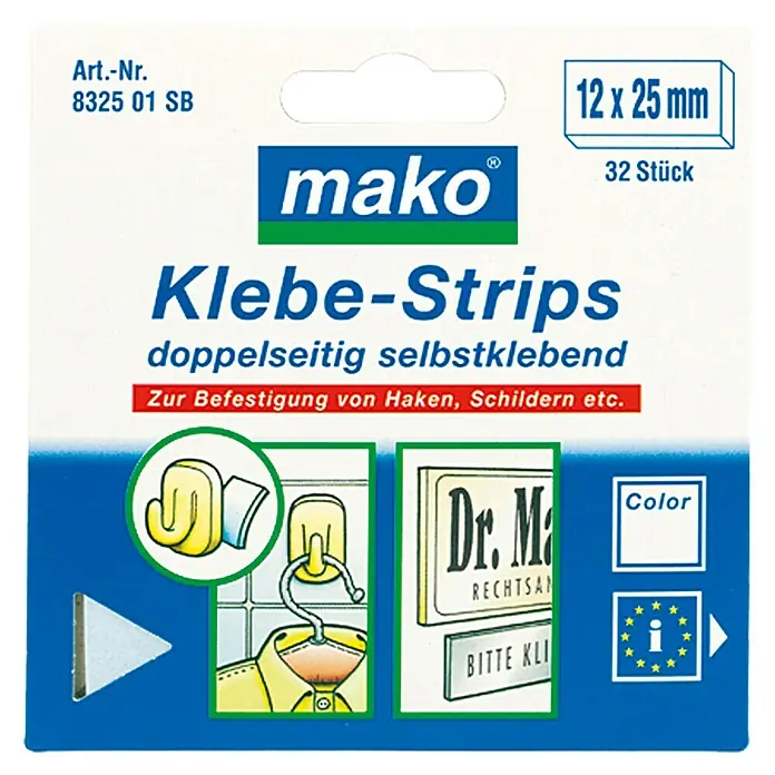 Klebe-Strips - 32 Stk., Weiß, 25 x 12 mm - Abbildung einer Packung Mako Klebe-Strips, doppelseitig selbstklebend, zur Befestigung von Haken und Schildern, Größe 12 x 25 mm, 32 Stück.