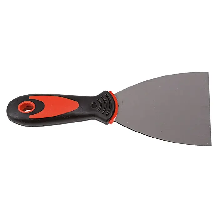 swingcolor Malerspachtel - Breite: 80 mm, Stahl, Material Griff: Kunststoff - Nahaufnahme eines Spachtelmessers mit rotem und schwarzem Griff und einer grauen Klinge, ideal für Bau- und Renovierungsarbeiten.