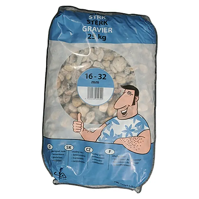 Kies - Maße Stein: 16 - 32 mm, 25 kg - Abbildung eines 25-kg-Sacks Strk Sterk Gravier, einer Mischung aus Kies und Steinen mit einer Größe von 16-32 mm, ideal für Bau- und Gartengestaltung.