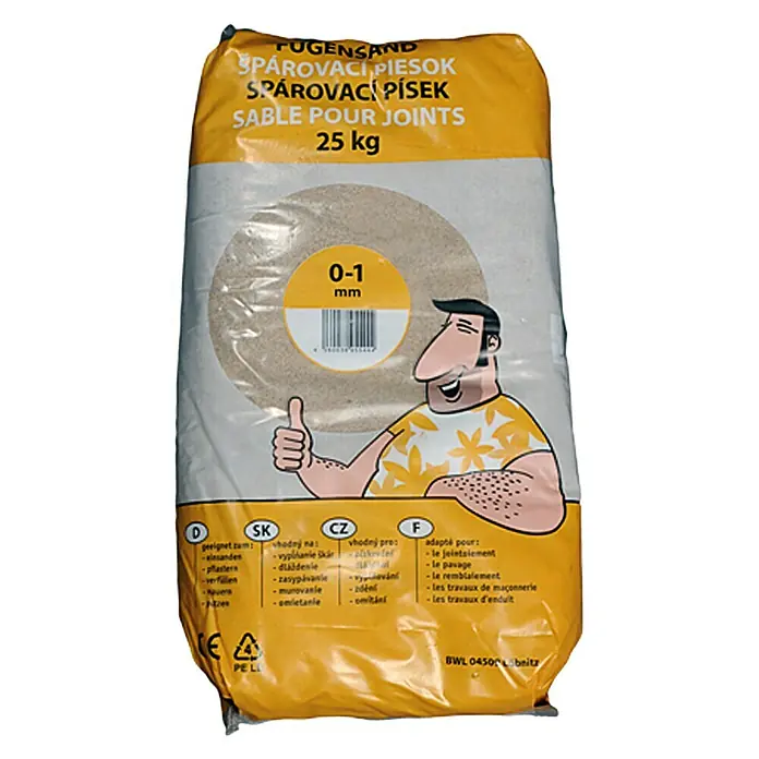 Fugensand - Natur, 25 kg, Körnung: 0 mm - 1 mm - Sack FugenSand, ein Pflastersand für Fugen, Verfüllungen, Pflasterarbeiten, Mauern und Zäune, mit einer Körnung von 0-1 mm und einem Gewicht von 25 kg.