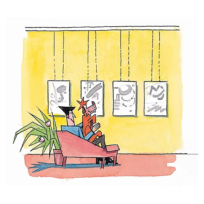Galerieschiene - 1,5 m - Kunstgalerie-Szene mit Mann und anthropomorphem Pferd auf einer roten Couch vor abstrakten Gemälden.