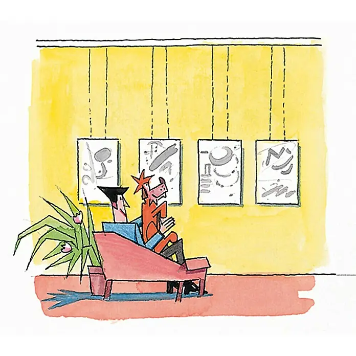 Galerieschiene - 1,5 m - Kunstgalerie-Szene mit Mann und anthropomorphem Pferd auf einer roten Couch vor abstrakten Gemälden.