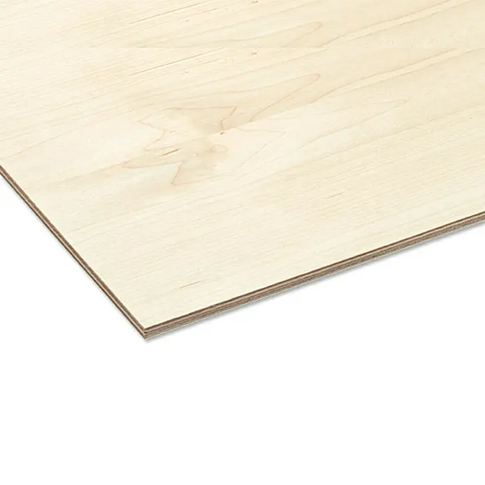 Flugzeugsperrholz nach Maß I - Birke, L x B: 1.550 x 1.550 mm, Stärke: 2 mm - Nahaufnahme einer hellen, unbehandelten Furnierholzplatte, die die natürliche Maserung und Schichtung des Materials zeigt.