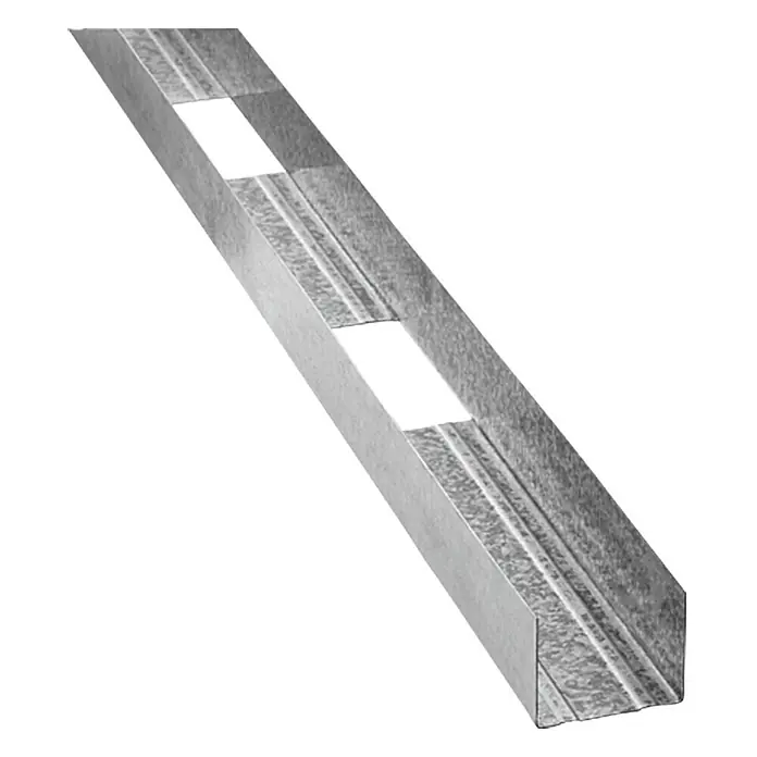 Knauf Türsturzprofil - 1.600 x 100 x 40 mm - Nahaufnahme eines verzinkten Stahlprofils mit Aussparungen, das für Bau- und Renovierungsprojekte verwendet wird.