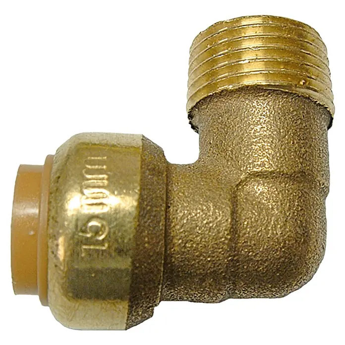 Steck-Übergangswinkel IA - Durchmesser: 15 mm, ½″, 90 °, Muffe und Außengewinde - Ein Messing-Winkelverbinder mit 15mm-Push-Fit-Anschluss und Gewindeende. Für Sanitärinstallationen, robust und langlebig.