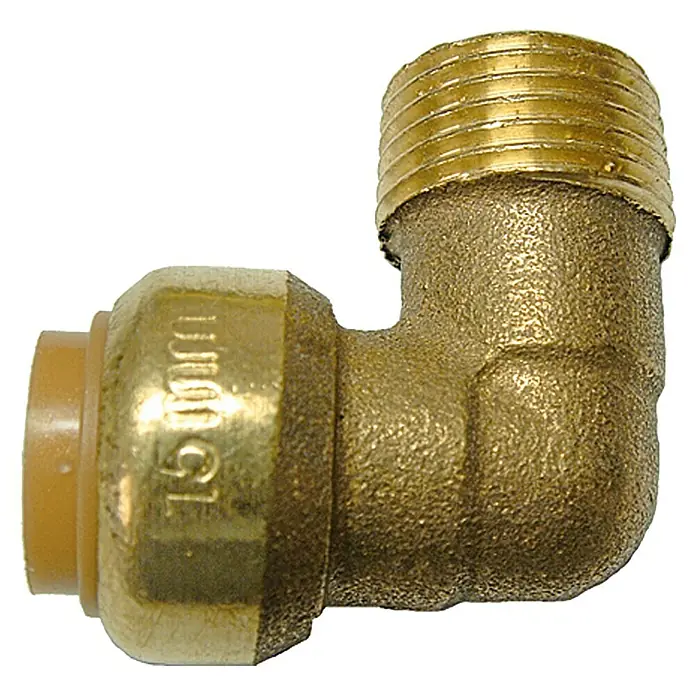 Steck-Übergangswinkel IA - Durchmesser: 15 mm, ½″, 90 °, Muffe und Außengewinde - Ein Messing-Winkelverbinder mit 15mm-Push-Fit-Anschluss und Gewindeende. Für Sanitärinstallationen, robust und langlebig.