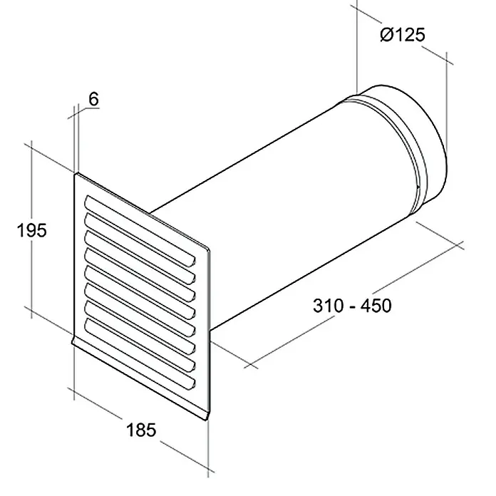 Air-Circle Teleskop-Mauerkasten - Durchmesser: 125 mm, Verstellbereich: 31 cm - 45 cm, Metall - Darstellung eines Abluftgitters mit den Maßen 185 x 195 mm, einem Durchmesser von 125 mm und einer Länge von 310 - 450 mm.
