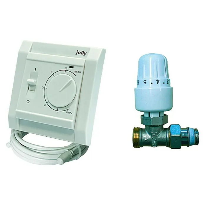 Admiral Thermostat Vario-Power Standard - Geeignet für: Vario-Power Fußbodenheizung - Abbildung eines Raumthermostats mit Bedienelementen und ein Heizkörperthermostat mit Regler, beides zur Temperaturregelung.
