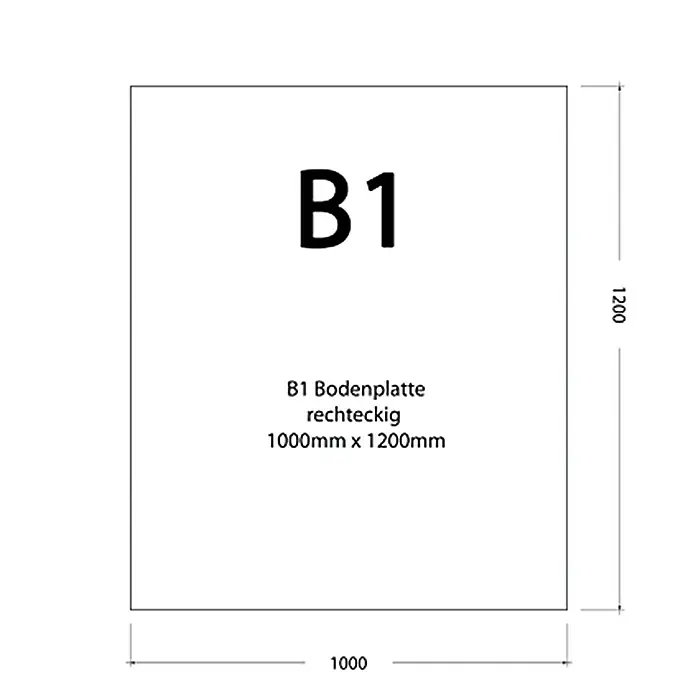 Funkenschutzplatte - 120 x 100 cm, Gussgrau, Stahl, Rechteckig - B1 Bodenplatte rechteckig, 1000mm x 1200mm. Eine technische Zeichnung der Bodenplatte mit Maßen.