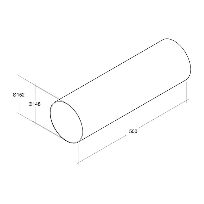 Air-Circle PVC-Rundrohr - Ø x L: 150 mm x 0,5 m, Max. Luftleistung: 600 m³/h - Abbildung eines Rohres mit den Durchmessern Ø152 und Ø148 sowie einer Länge von 500. Präzise Darstellung eines zylindrischen Objekts.