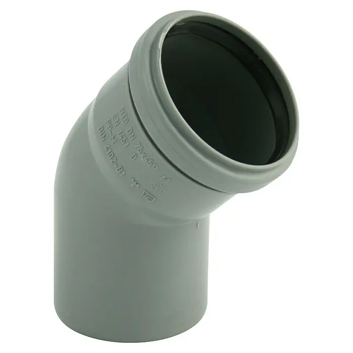 HT-Bogen - DN 32, 45 ° - Ein graues HTB DN 75x45°-Rohrstück, ideal für Sanitärinstallationen und Abwasserleitungen, aus robustem PP-H Material gefertigt.
