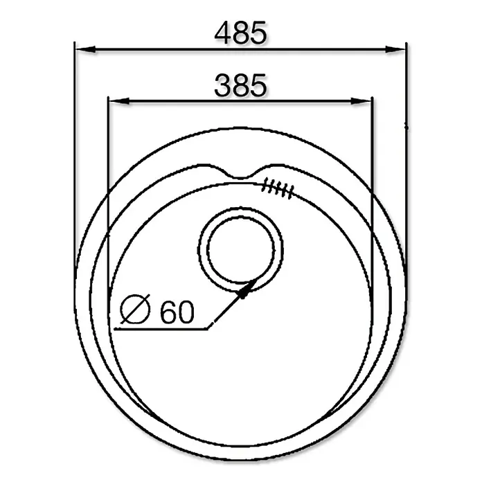 Admiral Einbauspüle Kiba - Durchmesser: 48,5 cm, Edelstahl - Technische Zeichnung einer Sanitärkeramik mit den Maßen 485 mm, 385 mm und einem Durchmesser von 60 mm für das Abflussloch.