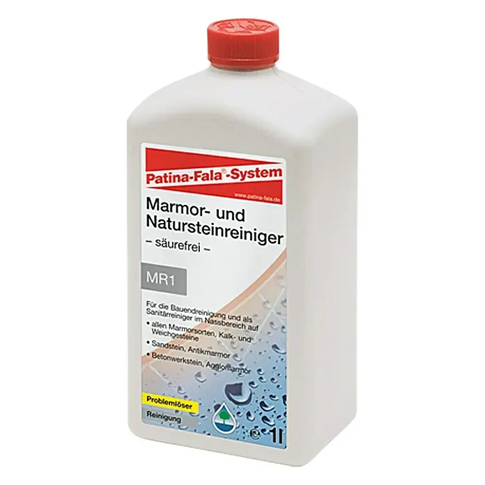 Patina-Fala Natursteinreiniger - 1 l - Flasche Patina-Fala System Marmor- und Natursteinreiniger, säurefrei, für Bauendreinigung und Sanitärreinigung, roter Deckel.