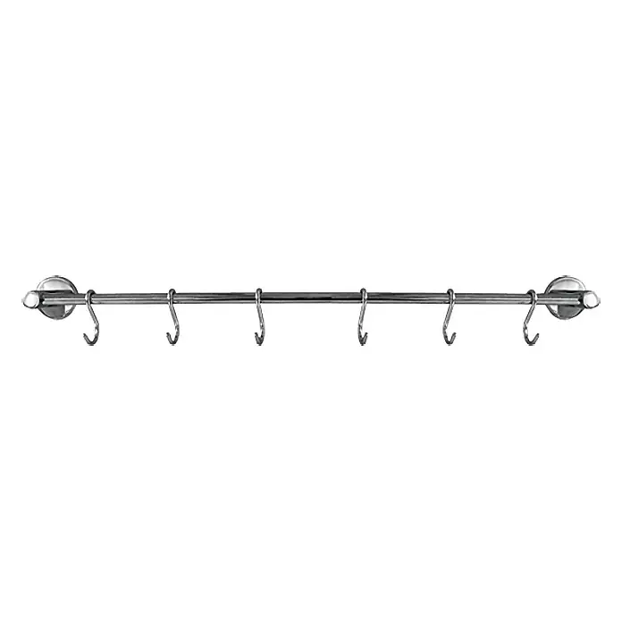 Tesa Barra de colgadores LO460 - Gancho, Largo: 535 mm, Cromado - Un soporte de pared con una barra y ganchos de metal pulido para utensilios de cocina o toallas.