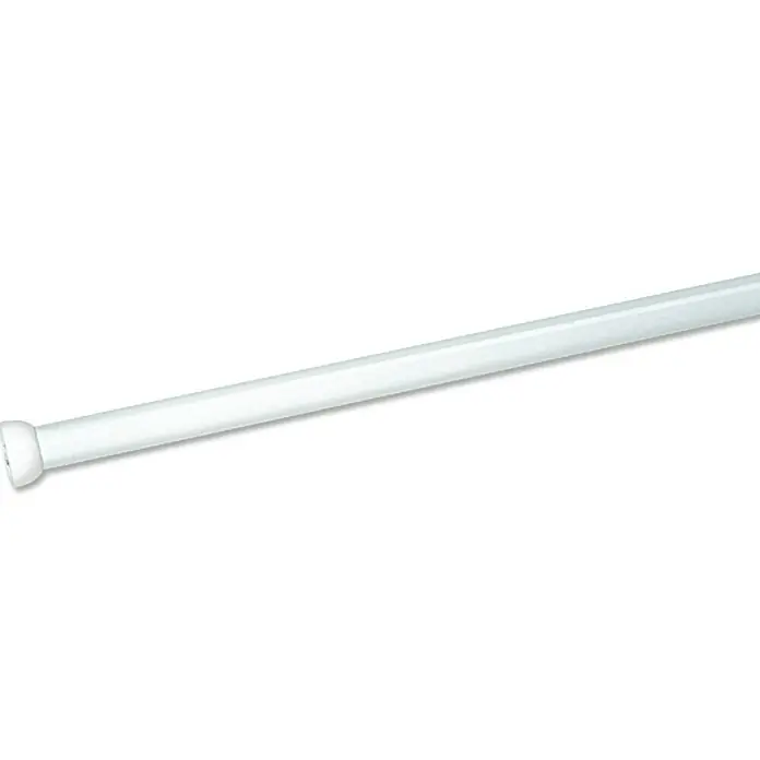 Venus Barra para cortina de ducha - 20 mm x 115 cm, Otros, Blanco, 70 cm, 115 cm - Primer plano de una barra de tensión blanca que se extiende diagonalmente por la imagen, con una tapa redonda al final.
