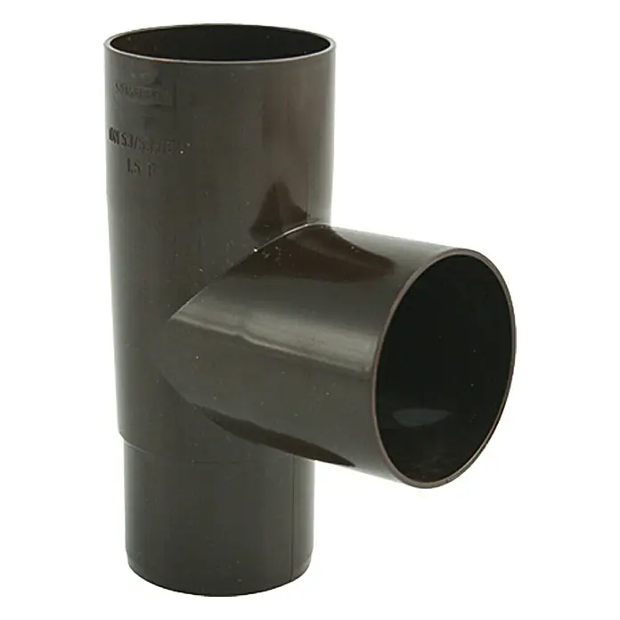 Marley Fallrohrabzweig - Nennweite Zubehör Dachrinnen: 53/50 mm, 87 °, Kunststoff, Braun - Dunkelbraunes PVC-T-Stück-Rohrverbinder für Sanitäranwendungen, ideal für Abwasserleitungen und Entwässerungssysteme im Bauwesen.