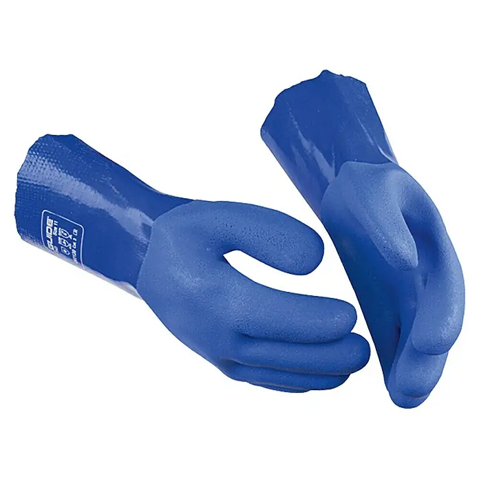 Guide Arbeitshandschuhe 143 PVC - Blau, 10 - Abgebildet sind blaue, wasserdichte Arbeitshandschuhe mit strukturierter Oberfläche. Ideal für nasse und kalte Arbeitsbedingungen.