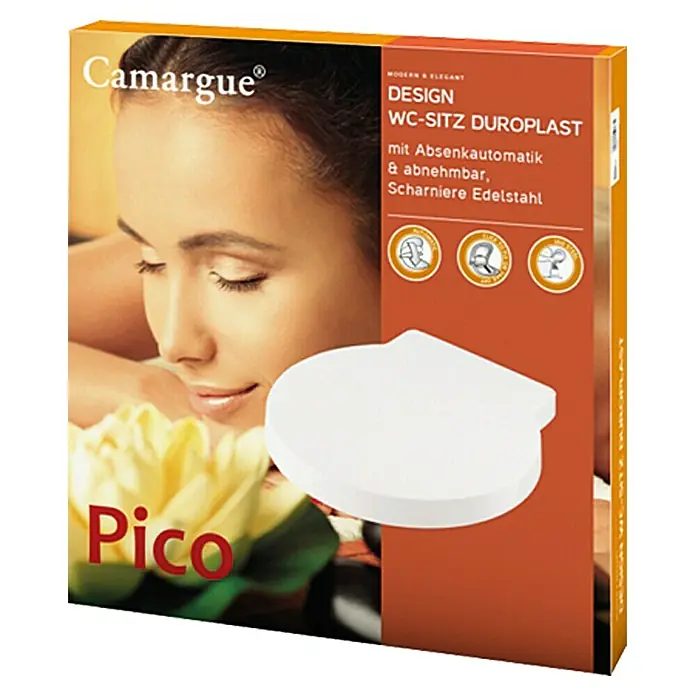 Camargue Pico WC-Sitz - Duroplast, Weiß, Mit Absenkautomatik - Produktfoto: Camargue Pico WC-Sitz Duroplast mit Absenkautomatik und abnehmbaren Scharnieren aus Edelstahl für moderne Badezimmer.