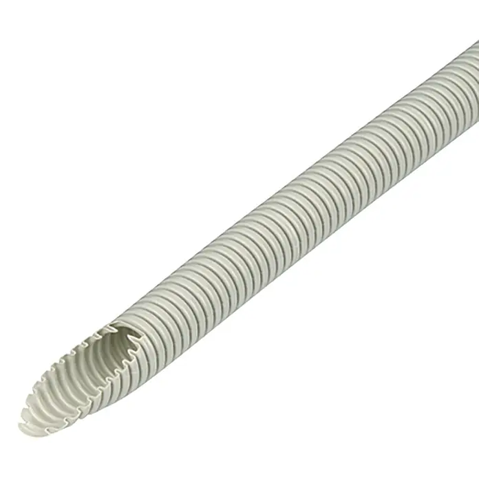Flexrohr EN16 - Beton, 25 m, Kunststoff, 320 N, Grau, 16 mm - Ein flexibles, graues Kunststoffrohr mit einer gerippten Oberfläche für vielfältige Anwendungen im Bau- und Installationsbereich.