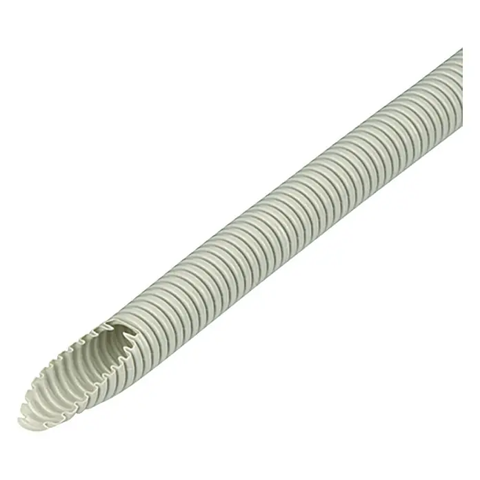 Flexrohr EN16 - Beton, 50 m, Kunststoff, 320 N, Grau, 16 mm - Ein flexibles, graues Kunststoffrohr mit einer gerippten Oberfläche für vielfältige Anwendungen im Bau- und Installationsbereich.
