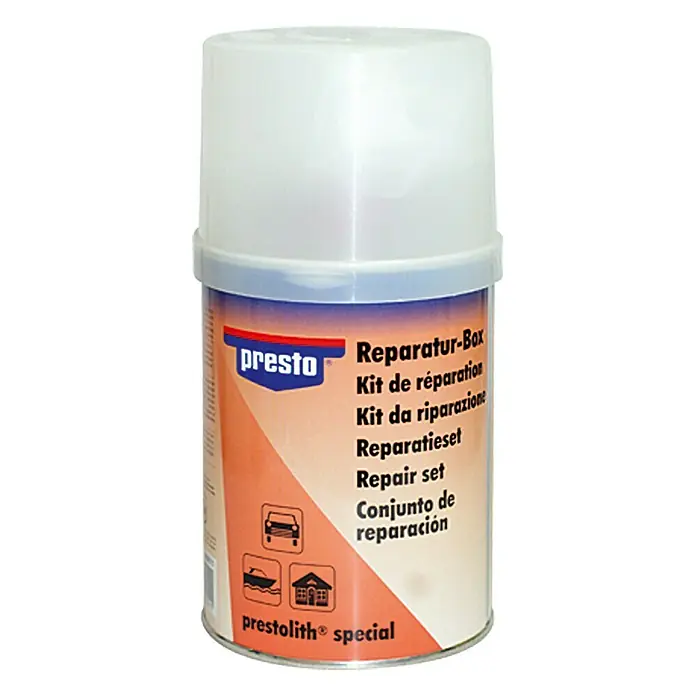 Presto Reparaturbox - 1 kg - Produktbild einer Presto Reparatur-Box, einem Set zur Ausbesserung von Oberflächen, ideal für Auto, Boot und Haus.