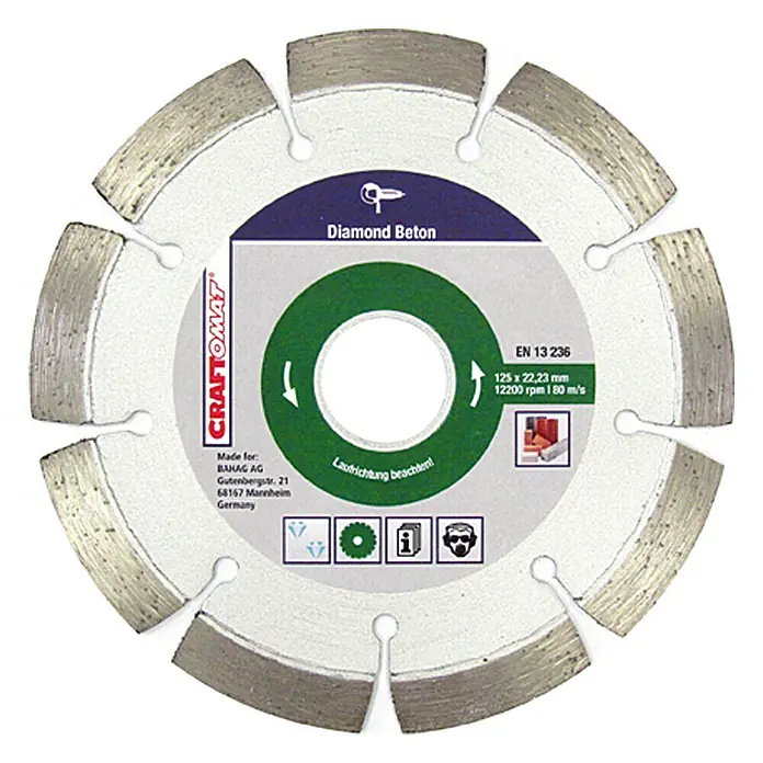 Craftomat Disco de corte Segmentado - Orificio: 22,23 mm, Diámetro del disco: 125 milímetros (mm) - Primer plano de un disco de corte de diamante Craftomat "Beton", ideal para cortar hormigón con alta precisión y larga vida útil.