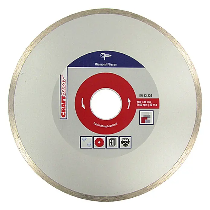 Craftomat Disco de corte - Diámetro: 200 mm, Orificio: 22,2 mm - Disco de corte de diamante Craftomat para cortar azulejos, 200 mm de diámetro, con círculo rojo e instrucciones de seguridad.