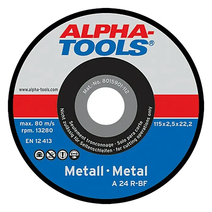 Alpha Tools Trennscheibe A 24R-BF - Geeignet für: Metall, Durchmesser Scheibe: 115 mm, Stärke Scheibe: 2,5 mm, 10 Stk. - Alpha-Tools Metalltrennscheibe, Durchmesser 115 mm, zum Schneiden von Metall. Hohe Leistung und Präzision für professionelle Anwendungen.