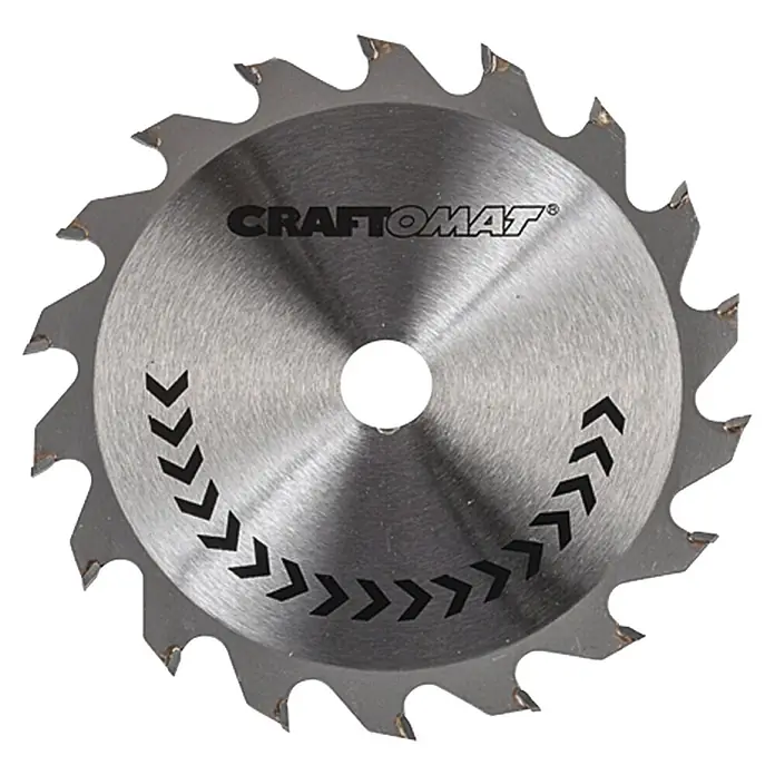 Craftomat Kreissägeblatt HM - 140 mm, Bohrung: 20 mm, Anzahl Zähne: 18 Stk. - Kreissägeblatt "Craftomat" mit gezacktem Rand und Pfeilmarkierungen für präzise Schnitte in Holz und ähnlichen Materialien.