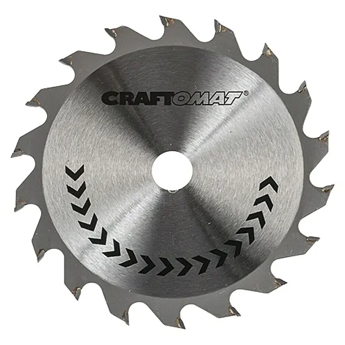 Craftomat Kreissägeblatt HM - 140 mm, Bohrung: 20 mm, Anzahl Zähne: 18 Stk. - Kreissägeblatt "Craftomat" mit gezacktem Rand und Pfeilmarkierungen für präzise Schnitte in Holz und ähnlichen Materialien.