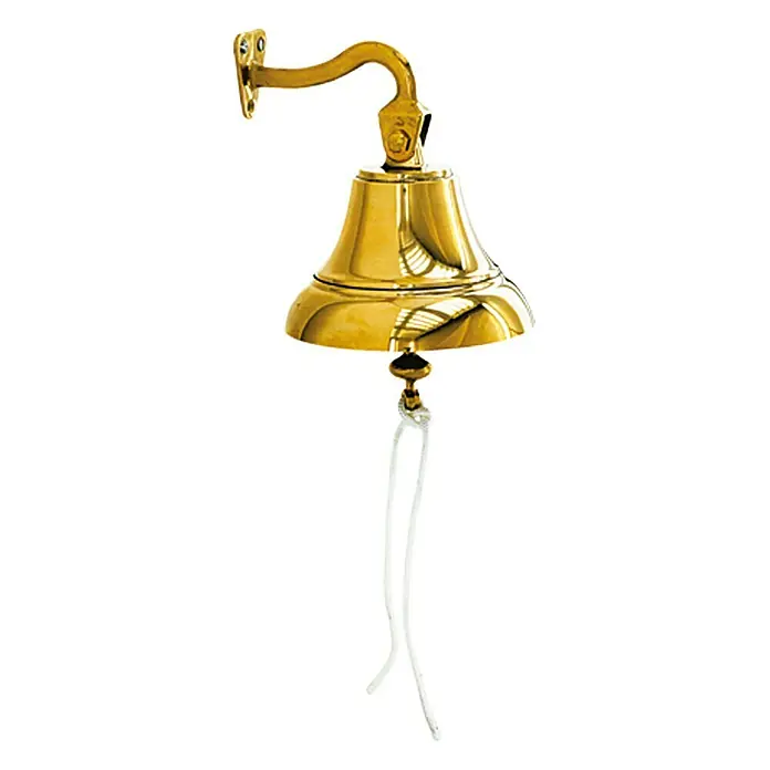 Glocke - Durchmesser: 15 cm, Messing - Das Bild zeigt eine goldfarbene Schiffsglocke mit Halterung und Zugseil, die an einer Wand montiert ist.