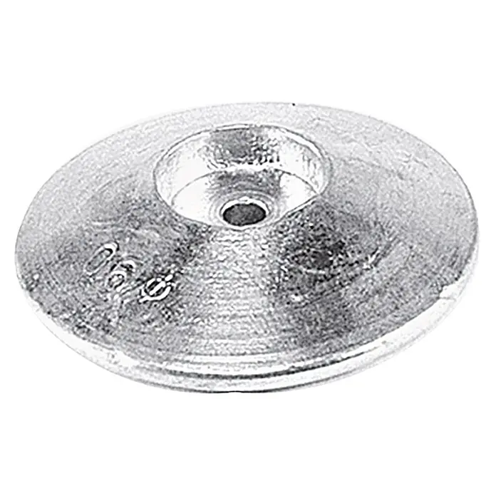 Talamex Ruderblattanode - Zink, Durchmesser: 90 mm, Salzwasser, Lochdurchmesser: 8 mm - Nahaufnahme eines runden, silbernen Beschlags mit einem Loch in der Mitte und eingravierten Markierungen.