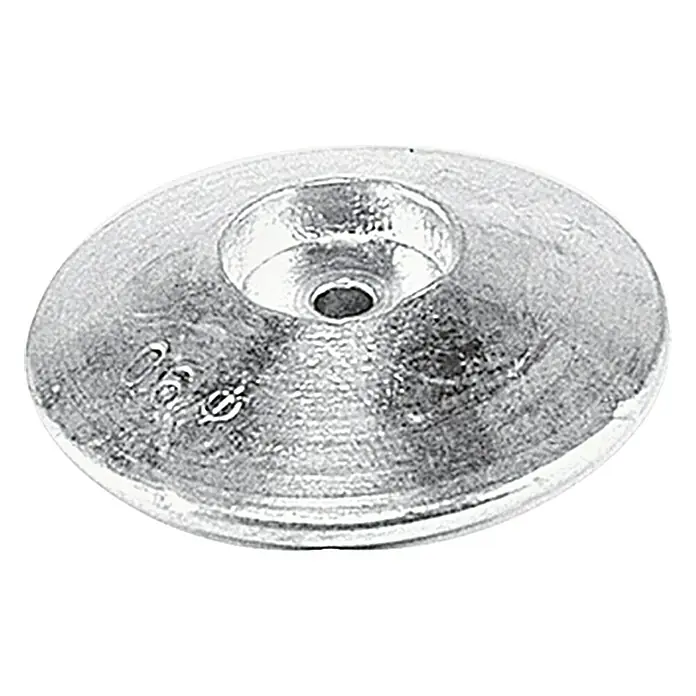 Talamex Ruderblattanode - Zink, Durchmesser: 70 mm, Salzwasser, Lochdurchmesser: 8 mm - Nahaufnahme eines runden, silbernen Beschlags mit einem Loch in der Mitte und eingravierten Markierungen.